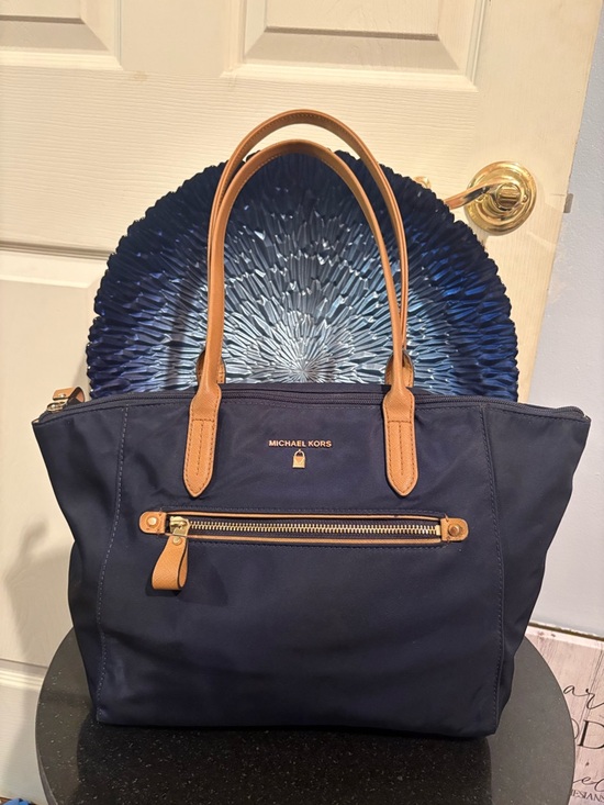 Michael Kors Handbags - Michael Kors Navy Nylon Tote Bag with Brown/Tan Leather Handles